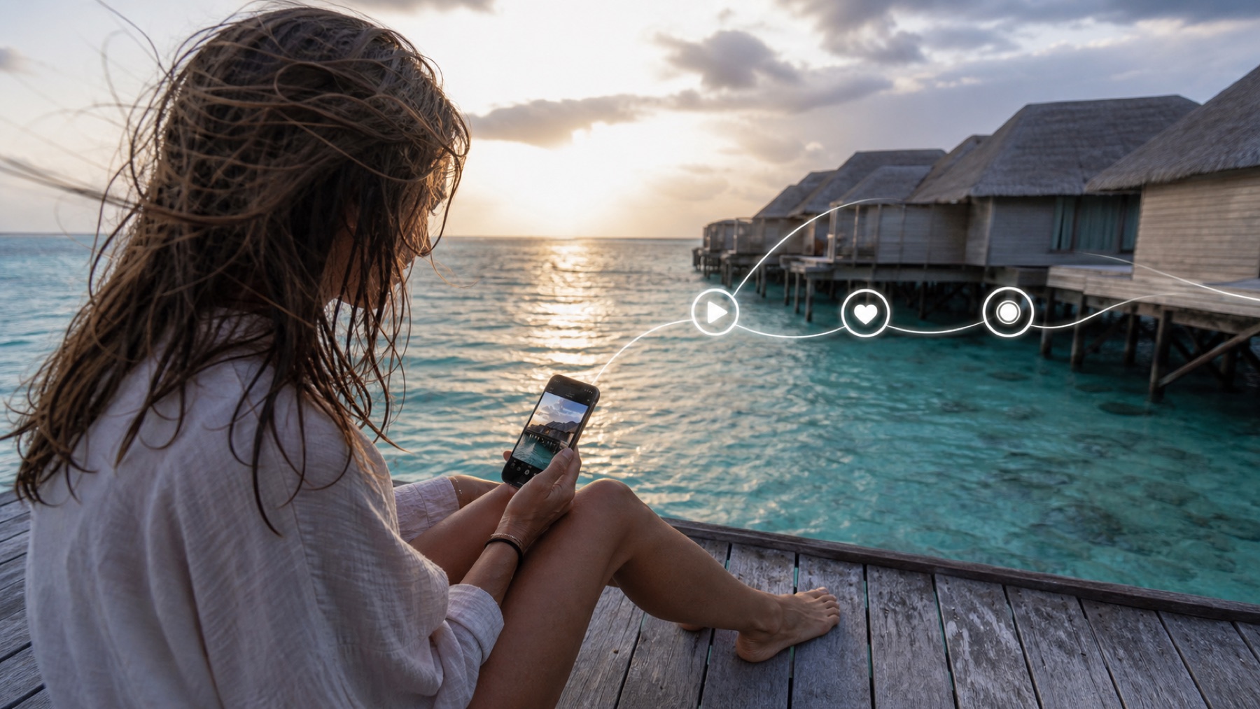 Creator checking campaign performance beside a tropical resort